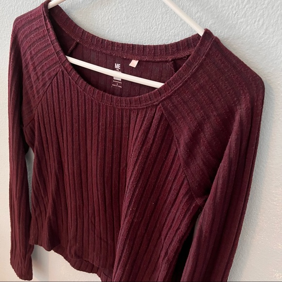 Pacsun Burgundy Ribbed Round Neck Long Sleeve Top - Picture 2 of 7